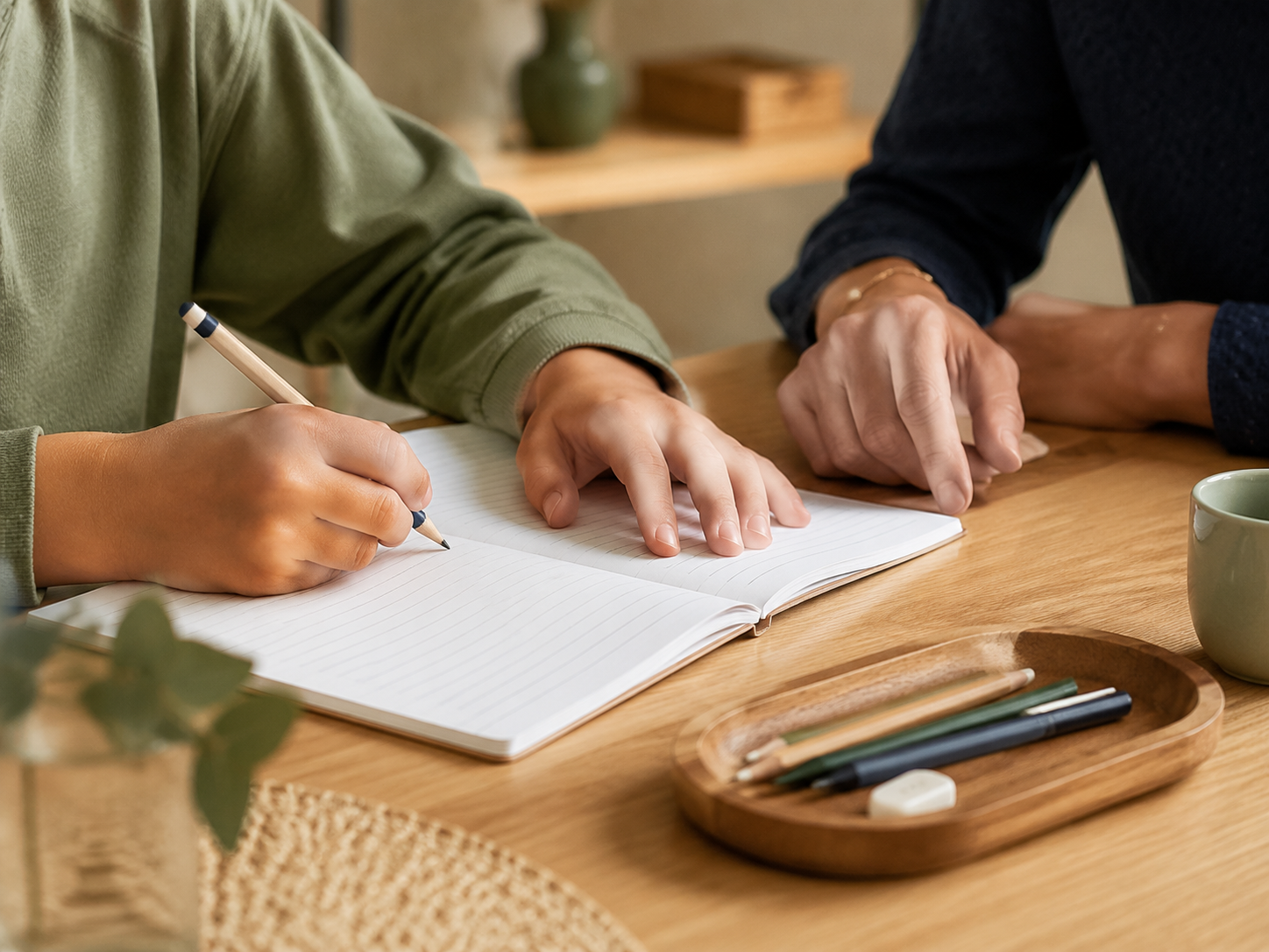 Un enfant écrit dans un cahier, accompagné avec attention