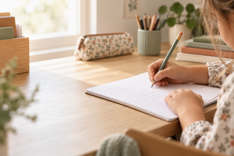 Enfant écrivant dans un cahier à son bureau