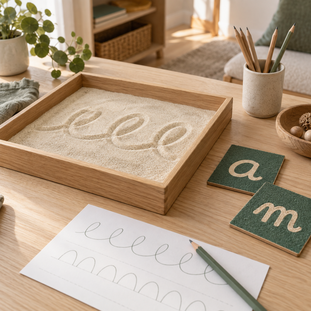 Plateau de sable avec des tracés, lettres tactiles et crayons sur une table.